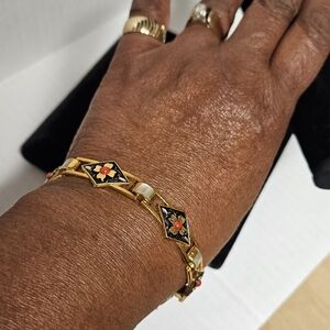 Vintage Damascene-Style Panel Link Bracelet with Faux Mother of Pearl Bracelet